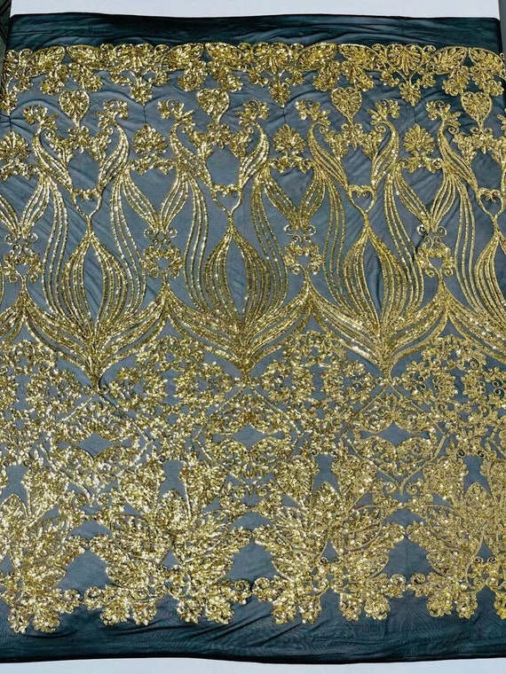 New Shiny Damask Design on a 4 Way Stretch Mesh-Prom-Sold by The Yard. Gold Black