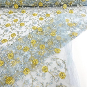 Multi Color Gold Metallic Floral Design Embroider On a Blue Mesh Lace-Dresses-Sold By The Yard. Lt Blue