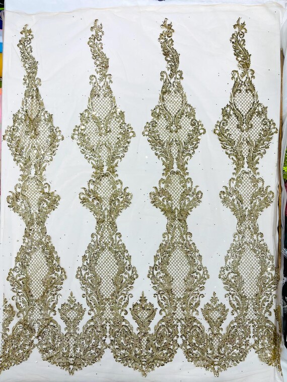 Gold Glitter Tower Damask Design Fabric| 58” Wide| Quinsiañera Dresses.
