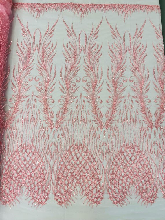 Pink Feathers damask embroider and heavy beaded on a mesh lace fabric- Sold by the yard
