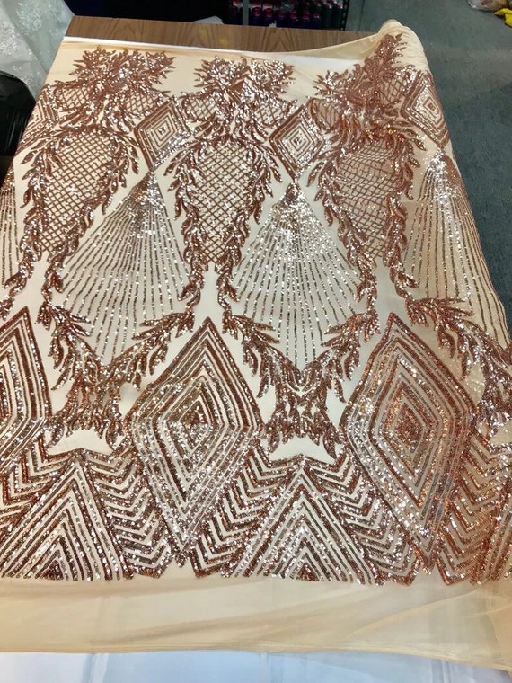 Geometric Diamond Design with Shiny Sequins On a 4 Way Stretch Mesh-Dresses-Prom-Nightgown-Sold By The Yard- Rose Gold