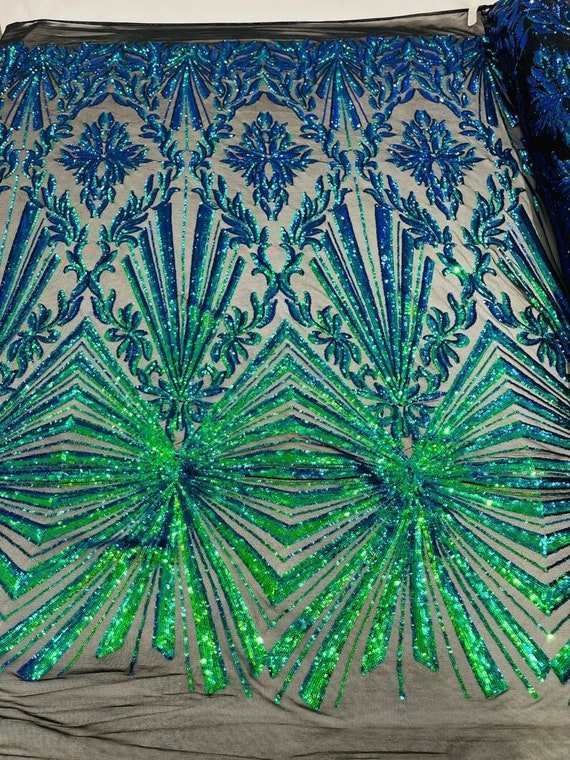 Diamond Damask Design on a 4 Way Stretch Mesh-Prom-Sold by The Yard. Green Iridescent