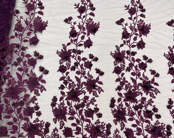 Plum Princess 3D Floral Design Embroider and Beaded With Pearls On a Mesh Lace-Prom-Dresses-Nightgown-Apparel-Fashion-Sold by Yard.