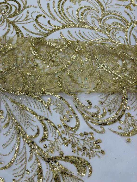 Gold Palm Glitter Vine Design On A Mesh Lace Fabric 58"' Wide Prom.