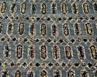 Black Gold Multi Color Iridescent  Jewel Sequin Design On a 4 Way Stretch Black  Mesh Fabric - Sold By The Yard