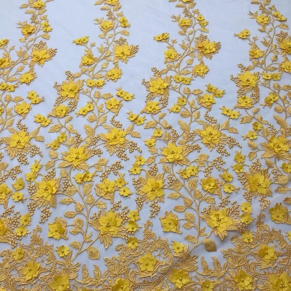 3D Floral Design Embroider and Beaded With Rhinestones on a Mesh Lace-Prom-Fashion-Sold by Yard. Yellow main image 1