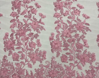 Candy Pink Princess 3D Floral Design Embroider and Beaded With Pearls On a Mesh Lace-Prom-Dresses-Nightgown-Apparel-Fashion-Sold by Yard.