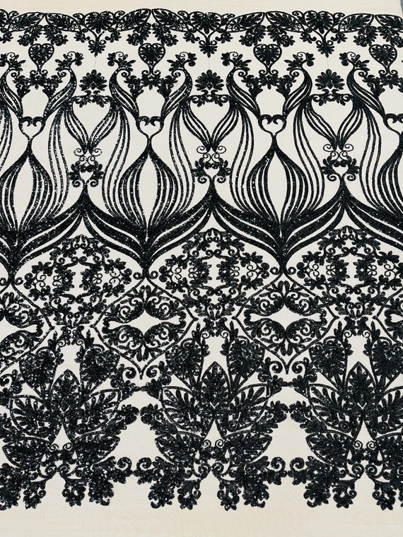 New Shiny Damask Design on a 4 Way Stretch Mesh-Prom-Sold by The Yard. Black