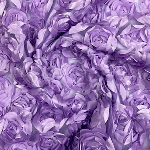 3D Rosette Embroidery Satin Rose Flowers Floral on a Satin Fabric By The Yard. Lilac