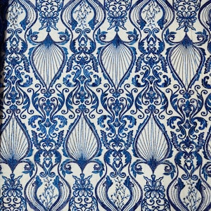 Royal Blue Floral Damask Embroider and Heavy Beaded On a Mesh Lace Fabric- Sold by The Yard