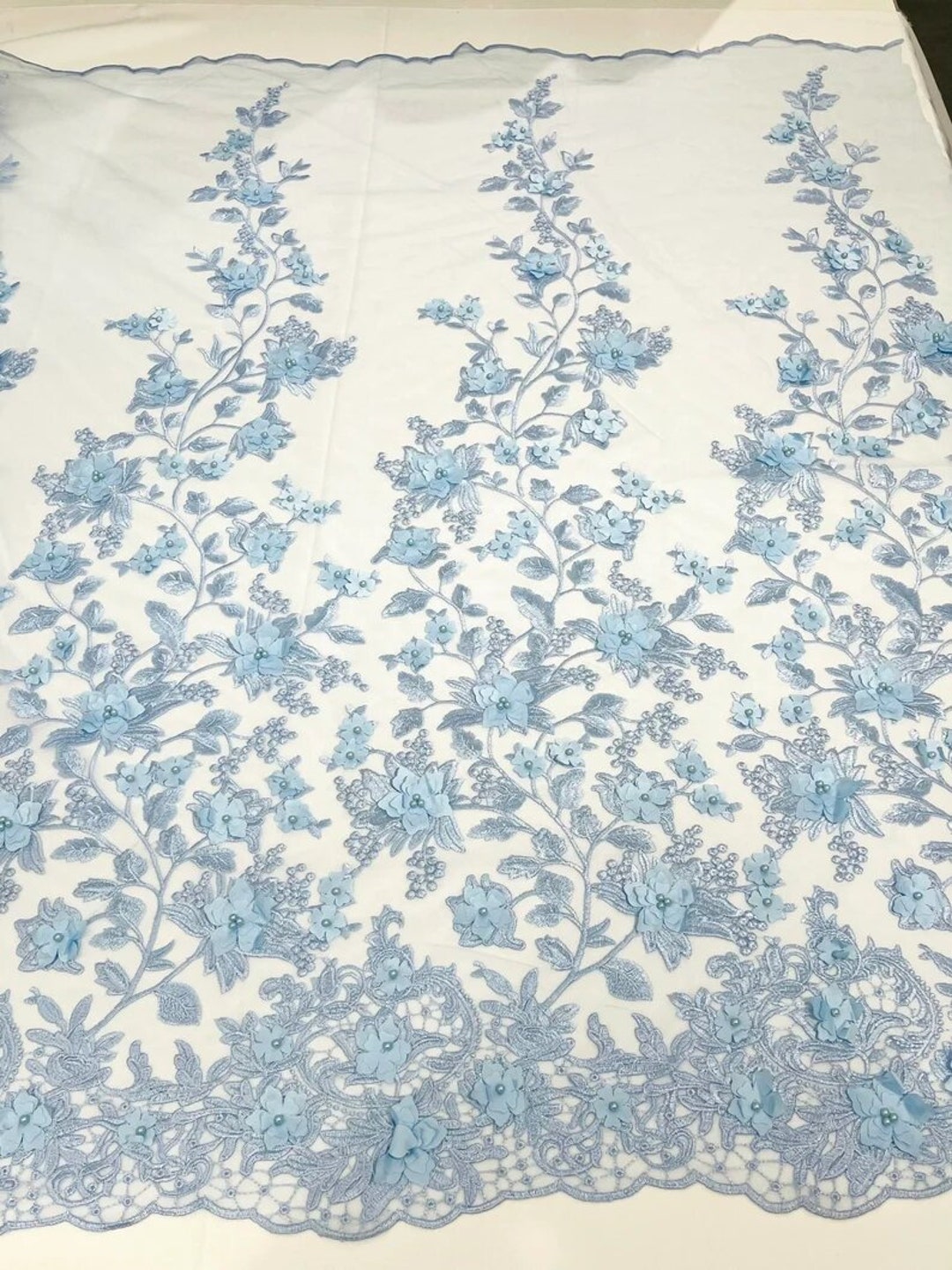 Light blue 3D floral Vine Design Embroider and heavy beading on a mesh lace-sold by the yard. main image 1