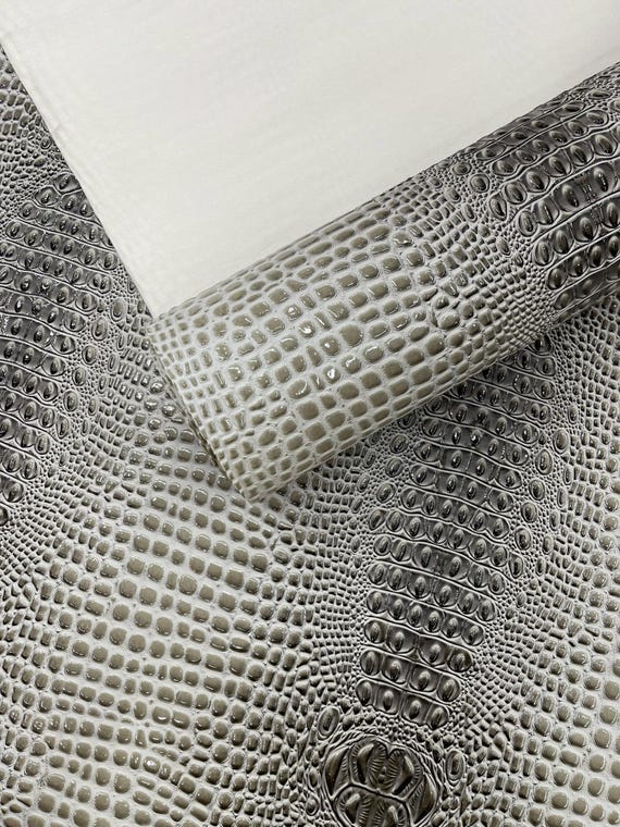 Stone Gray Glossy Two Tone Gator Fake Leather Upholstery, 3D Crocodile Skin Texture Faux Leather PVC Vinyl, 54" Wide