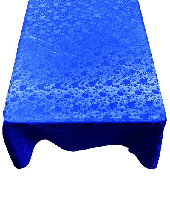 Royal Blue Roses Jacquard Satin Rectangular Tablecloth Seamless/Party Supply