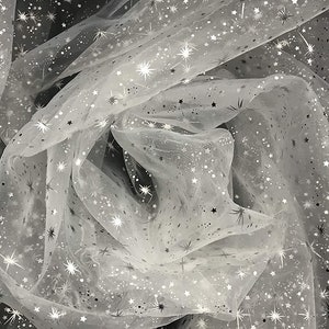 Foil Star Silver on Sheer Organza Fabric by The Yard (White, by The Yard)