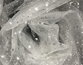 Foil Star Silver on Sheer Organza Fabric by The Yard (White, by The Yard)