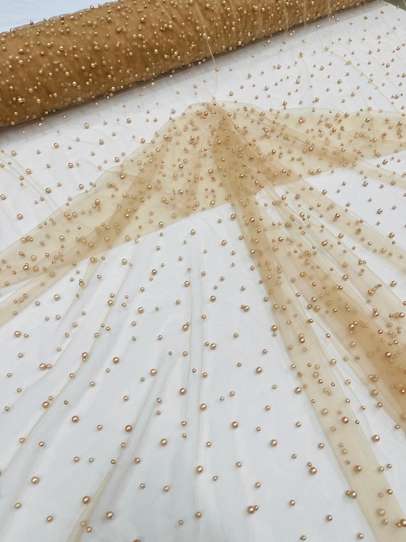 Nude Heavy Scattered Pearls Studded Mesh, 2-Way Stretch, Sold By The Yard.