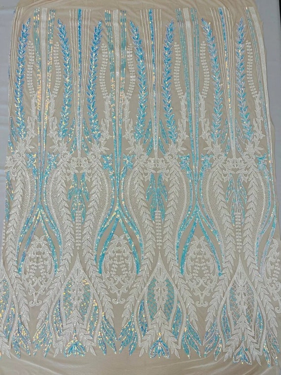 Two Tone Damask Design with Sequins Embroider on a 4 Way Stretch Mesh Fabric-Sold by The Yard. Aqua Iridescent White