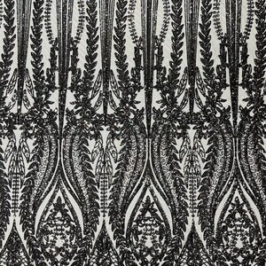 Zwart damastontwerp met pailletten geborduurd op een in vier richtingen rekbare mesh-stof