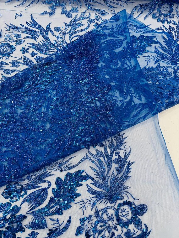 Royal Blue Big Glitter Damask Design On A Mesh Lace Fabric/Prom/Sold By The Yard