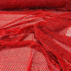 Heavy Beaded Princess Design Embroider with Beads and Sequins on a Glitter Mesh Lace-Sold by Yard Red