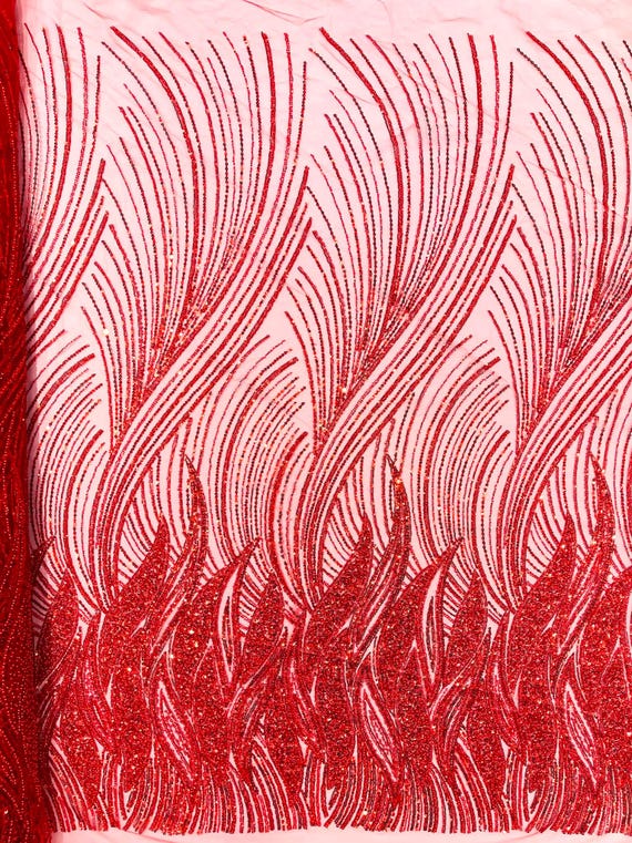 Red Flame Fashion Beaded Lace Fabric| Prom| Wedding| By The Yard.