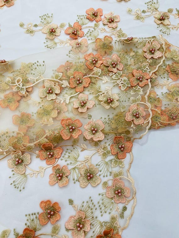 Blush Peach Multi Color 3D Floral Design Embroider with Pearls in a Mesh Lace -Sold by the yard.