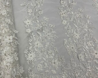 Ivory Princess 3D Floral Design Embroider and Beaded With Pearls On a Mesh Lace-Prom-Dresses-Nightgown-Apparel-Fashion-Sold by Yard.
