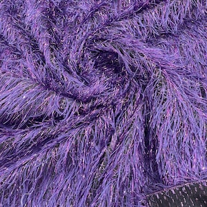 Purple - Shaggy Jacquard Faux Ostrich/Eye Lash Feathers Sewing Fringe With Metallic Thread Fabric By The Yard