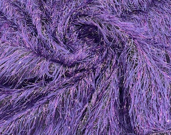Purple - Shaggy Jacquard Faux Ostrich/Eye Lash Feathers Sewing Fringe With Metallic Thread Fabric By The Yard