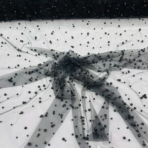 Black Heavy Scattered Pearls Studded Mesh, 2-Way Stretch, Sold By The Yard.