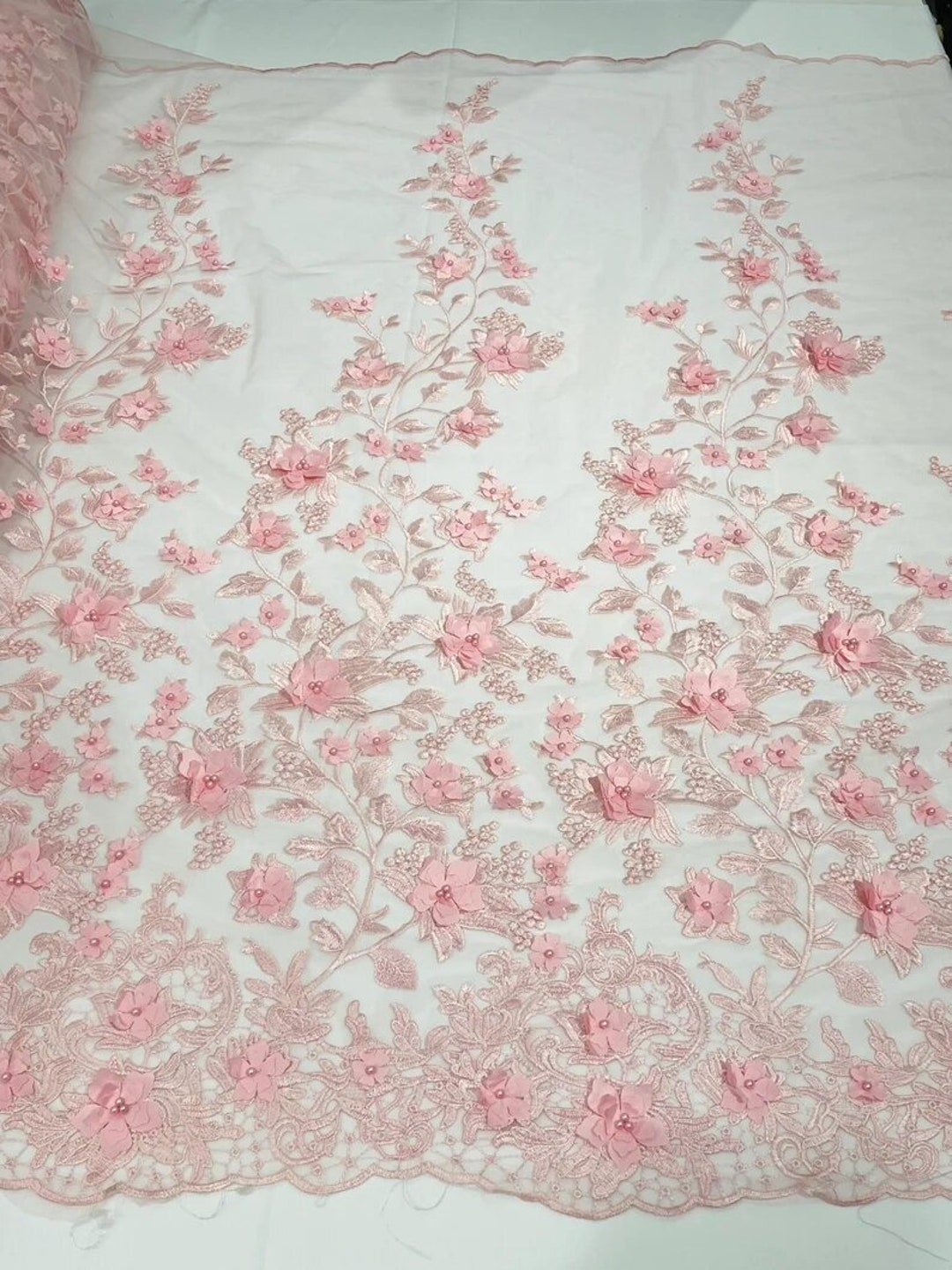 Royalty Fabrics Floral hand beaded design embroider on a mesh lace-prom-sold by the yard. Rose Gold