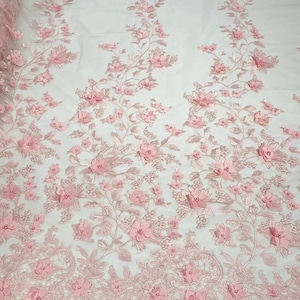 White 3d floral design embroider with beads and pearls on a mesh lace-prom-nightgown-sold by yard. main image 0