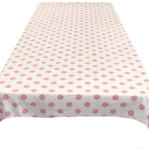 Nappe rectangulaire en poly coton à pois roses sur blanc. (Choisissez la taille ci-dessous)