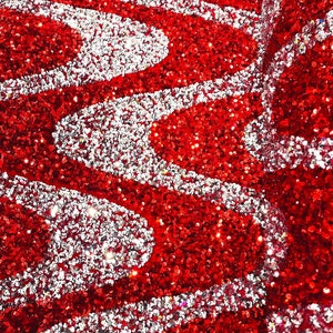 Sequin Wave Design On White stretch velvet all over 5mm shining sequins 2-way stretch, sold by the yard - Red - Silver.