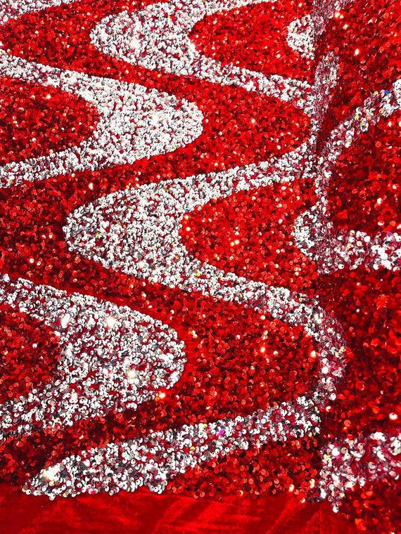 Sequin Wave Design On White stretch velvet all over 5mm shining sequins 2-way stretch, sold by the yard - Red - Silver.
