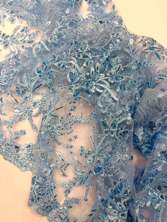 Light Blue Corded Lace with Butterfly Embroidery and Sequin on Mesh Fabric.-Sold by the yard