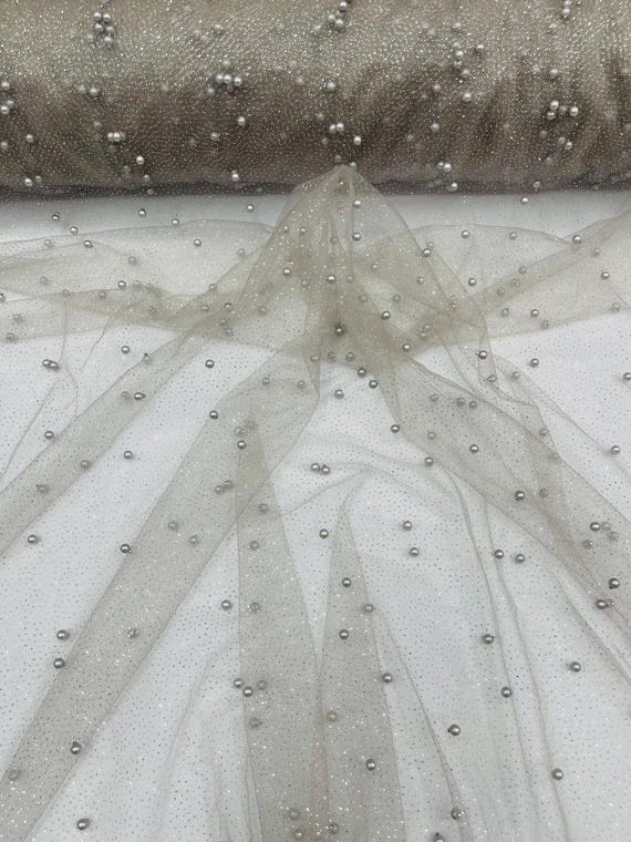 Gray Pearl Glitter Studded Mesh, 2-Way Stretch Shimmer Mesh Fabric, Sold by the yard.