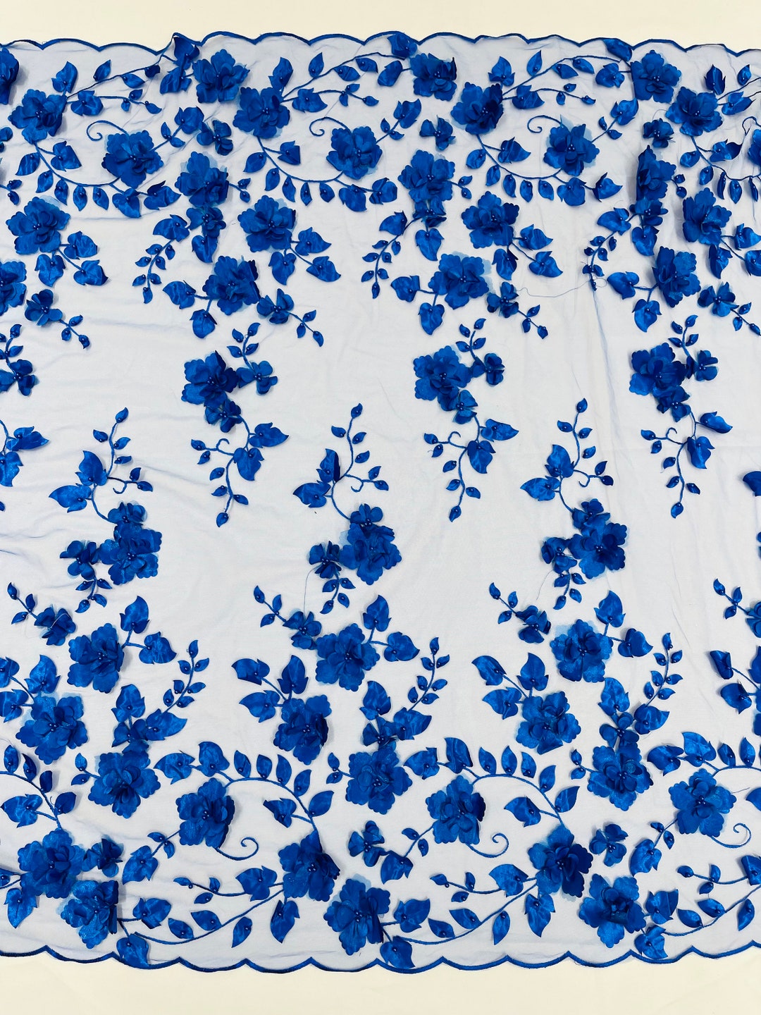 3D Orquidia Floral Lace - Royal Blue - Beautiful Orchid Flower Fabric on Mesh by Yard