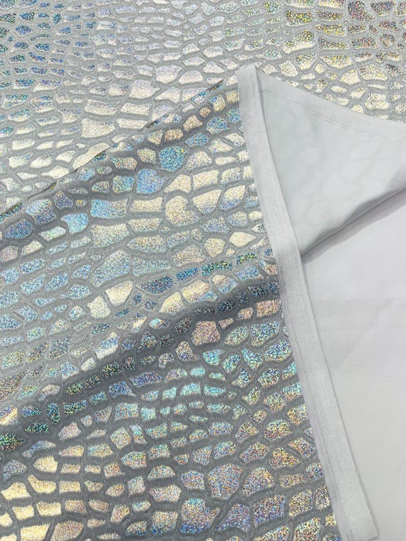 Silver White Dragon Skin Foil Design On A Stretch Velvet Fabric| Sold By The Yard.