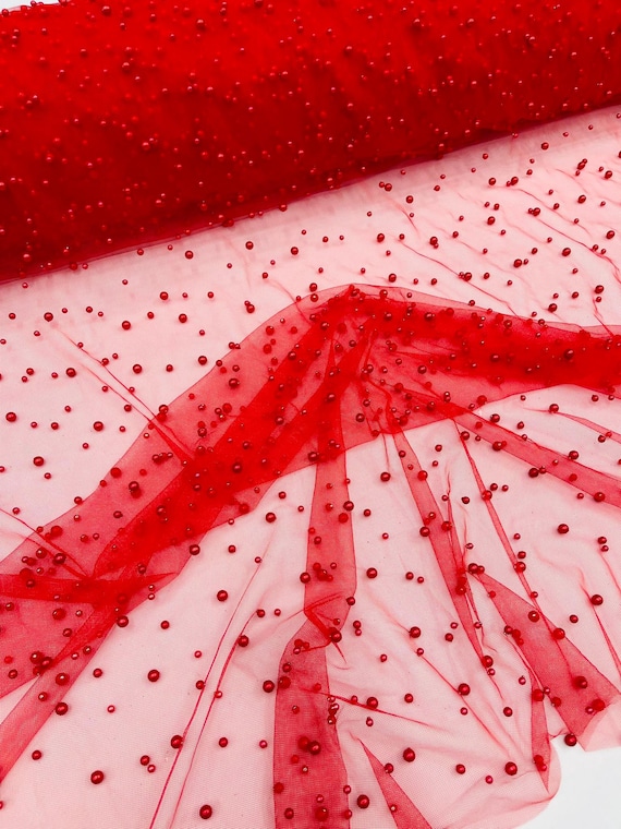 Red Heavy Scattered Pearls Studded Mesh, 2-Way Stretch, Sold By The Yard.