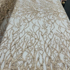Vine Design Embroider and Heavy Beading On a Mesh Lace-Sold By the Yard. Blush Pink