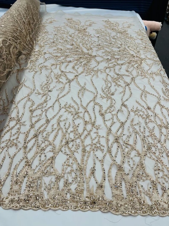 Vine Design Embroider and Heavy Beading On a Mesh Lace-Sold By the Yard. Blush Pink