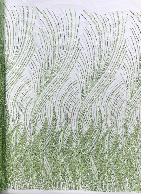 Sage Green Flame Fashion Beaded Lace Fabric| Prom| Wedding| By The Yard.