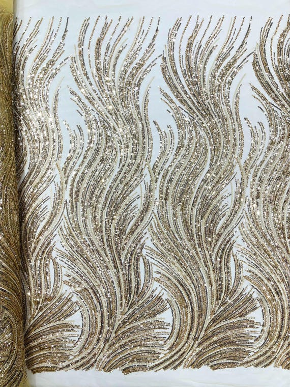 Champagne Luxury Flame Beaded Lace Fabric| Prom| Wedding| By The Yard.