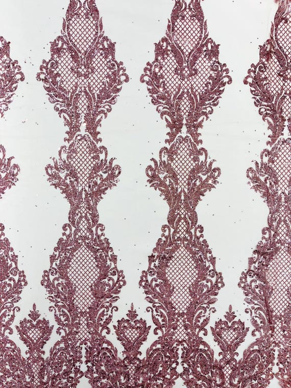 Dusty Rose Glitter Tower Damask Design Fabric| 58” Wide| Quinsiañera Dresses.