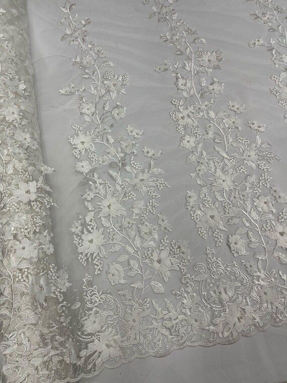 Ivory Princess Beaded Lace with 3D Floral Design, Mesh Fabric with Pearls