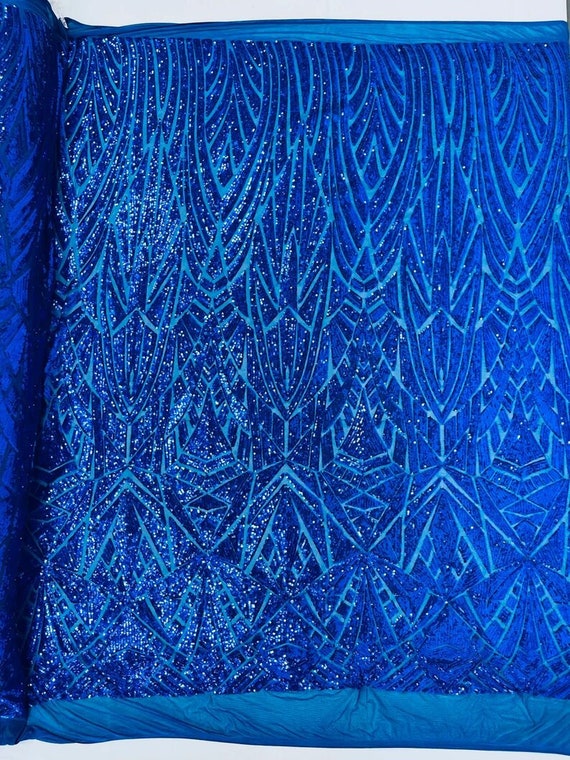 Geometric Shiny Sequin Design On a 4 Way Stretch Mesh-Sold By The Yard. Royal