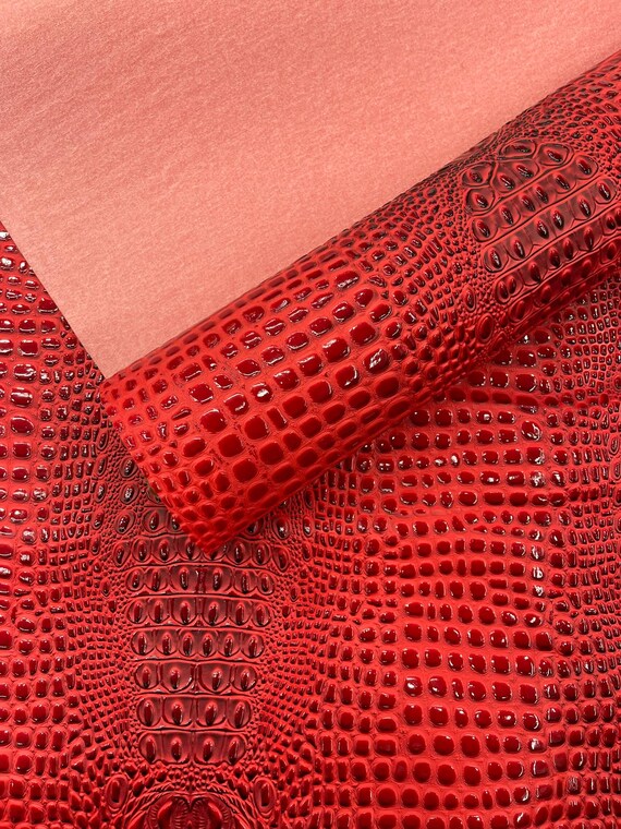 Dragon Red Glossy Two Tone Gator Fake Leather Upholstery, 3D Crocodile Skin Texture Faux Leather PVC Vinyl, 54" Wide