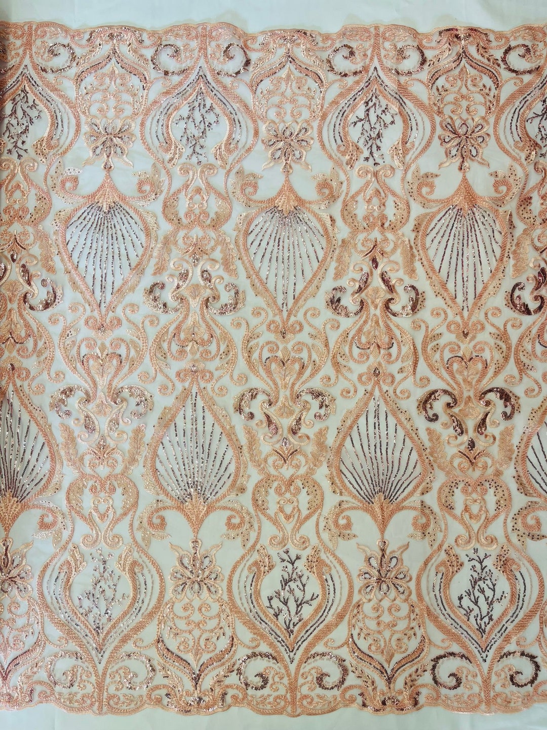 Royalty Fabrics Damask hand beaded design embroider on a mesh lace-prom-sold by the yard. Blush