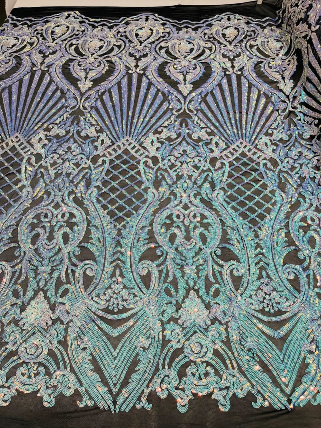 Damask Shiny Sequin Shell Design On a 4 Way Stretch Mesh Fabric -Prom-Sold By The Yard. Hunter main image 1